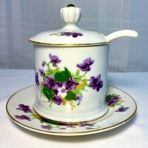 English Bone China Jam / Jelly Jar Duchess Violetta Violets Lid Spoon Underplate
